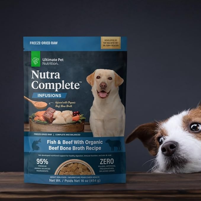 ULTIMATE PET NUTRITION Nutra Complete Bone Broth Infusions, 100% Freeze Dried Raw Veterinarian Formulated Dog Food with Antioxidants Prebiotics and Amino Acids (1 Pound, Bone Broth Fish)