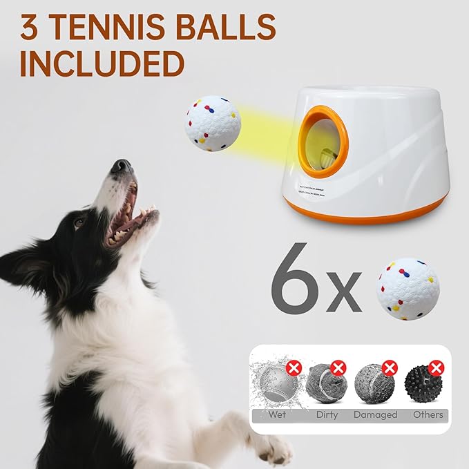 Automatic Ball Launcher for Dogs with 6pcs 2.3 Inch Etpu Tennis Balls,Thrower Distance 20-45ft,interacive Dog Toys for Indoor/Outdoor for Small Or Medium Dogs (White)