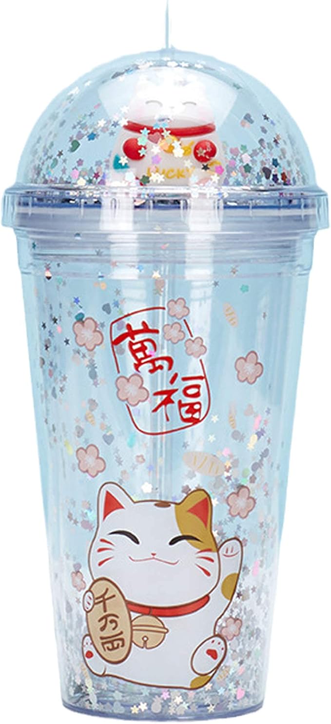 Lucky Cat Drinking Cups with Straw Kitten Party Cup Travel Tumblers Ice Coffee Mugs Women Reusable Plastic Water Bottle Birthday Gift (white cat, 6.5 * 20 cm)