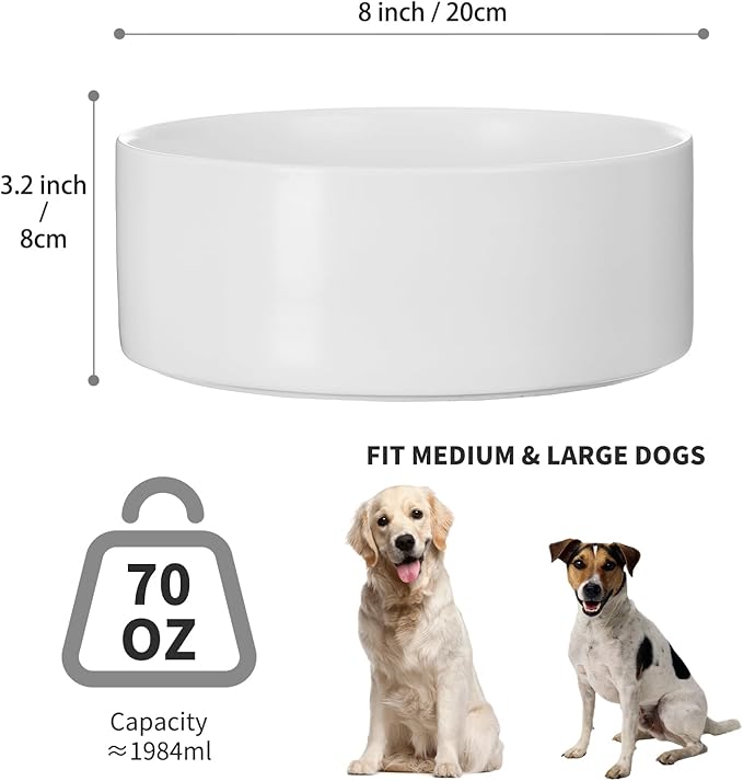8'' Ceramic Dog Bowl - 70Oz Classic Dogs Food & Water Bowl for Medium and Large Breeds, Heavy-Duty Non-Slip Dog Dish, Food Grade Stoneware Pet Bowl, Dishwasher & Microwave Safe, White