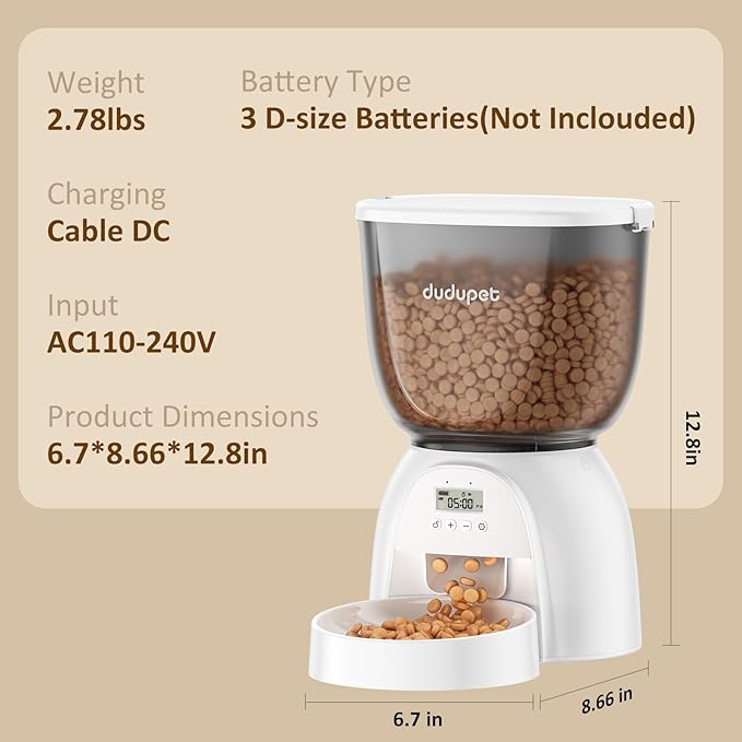 5L Automatic Cat Feeder, Timed Cat Food Dispenser, Automatic Pet Feeders Up to 6 Meal 1-20 Portion, Dual Power Supply Cats Feeder, Pet Dry Food Dispenser for Cats and Small Dogs