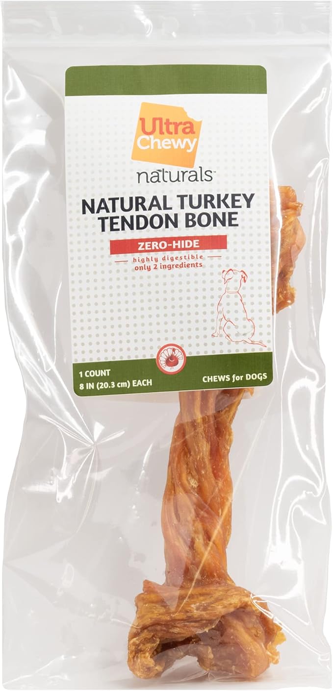 Ultra Chewy Turkey Tendon Knotted Bones for Dogs - Premium All-Natural, Hypoallergenic, Long-Lasting Dog Chew Treat, Easy to Digest - Ingredient Sourced from USA (8 Inches - 1 Pack)
