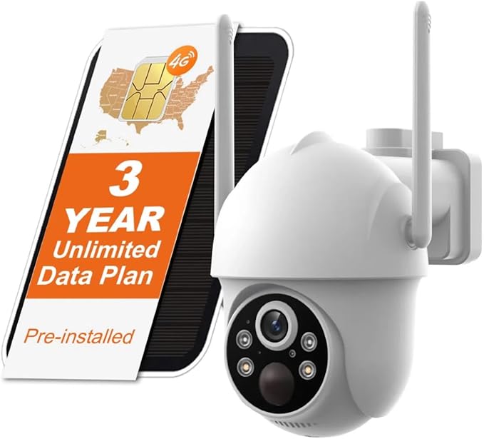 4G LTE Cellular Security Camera Wireless Outdoor with 3-Year Unlimited Data SIM Card, 2K Solar Camera, No WiFi Security Camera, Color Night Vision, 360° Viewing, PIR Motion Sensor, 2-Way Talk