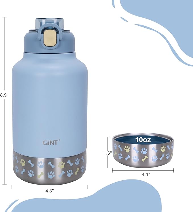 GiNT 37oz Insulated Stainless Steel Dog & Human Water Bottle, All-in-1 Travel Dispenser with Detachable Bowls & Carrying Case, Leak-Proof Pet Canteen for Walking, Hiking, Camping, Car (Blue)