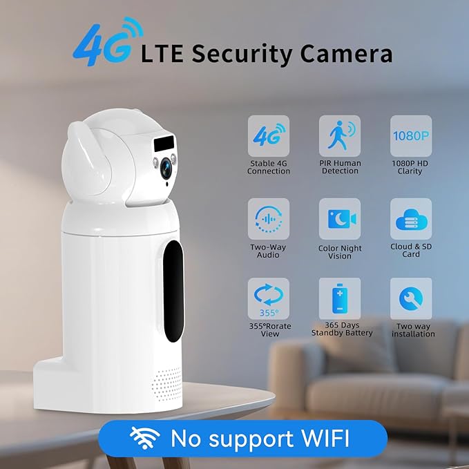 4G LTE Cellular Security Indoor Camer Wireless, Monthly Fee, Pet Camera with Speaker for Dog/Cat, Baby Monitor, Power Battery,HD 360°Full View Two-Way Talk,Indoor No WiFi Camera Home Security