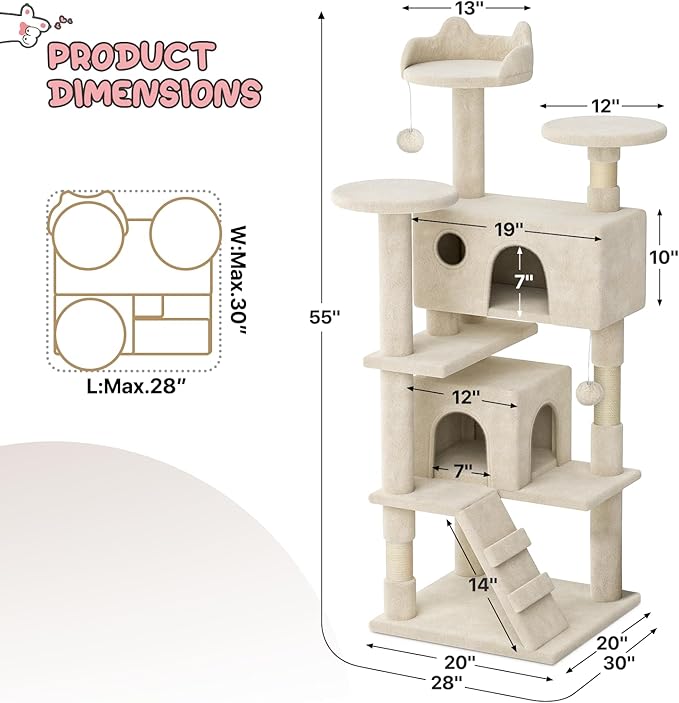 MoNiBloom 54 Inch Cat Tree Tower for Indoor Cats Large Adults, Cat Tower with Scratching Post, Multi-Level Furniture Activity Center with Cat Condo Pet Play House, Beige