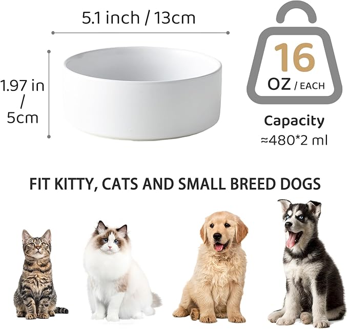 Ceramic Set of 2 Dog and Cat Bowls - Classic Food & Water Bowl for Kitty, Cats and Toy Breed Dogs, Weighted Dog Dishes, Food Grade Pet Bowl, Dishwasher & Microwave Safe (5.1'', 2*16OZ, White)