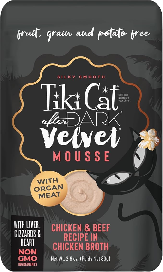 Tiki Cat After Dark, Velvet Mousse, Chicken & Beef Recipe in Chicken Broth, Grain & Potato Free Formula, with High Protein & Nutrient Dense Blended Irresistible Organ Meat, 2.8 oz. Pouch (12 Count)