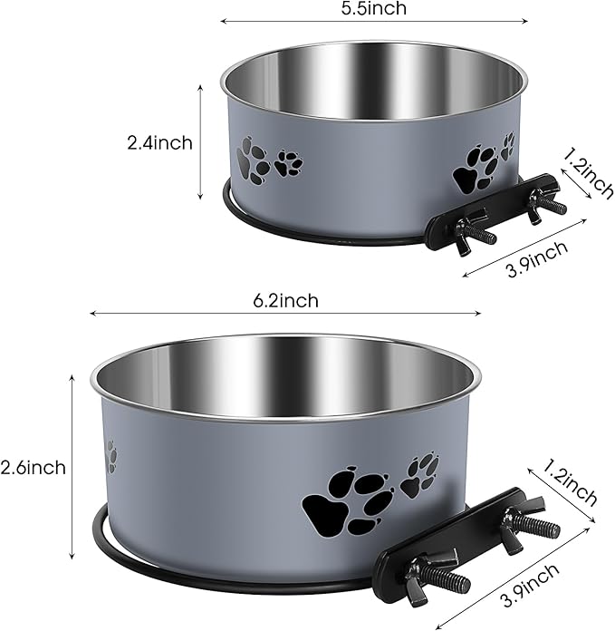 Hanging Dog Bowls for Kennel, ShineMe Stainless Steel Attachable Dog Bowls for Crates Hanging 2 Pack Food and Water Bowl No Spill for Medium and Small Sized Dogs (6.2x2.6” & 5.5x2.4”)