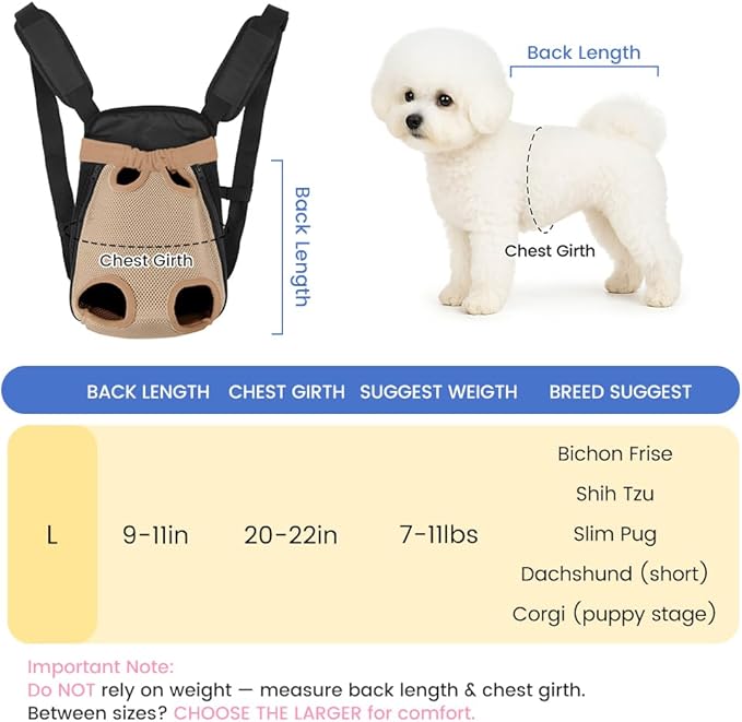 Dog Backpack Carrier, Thick Straps & Cushion, Pet Sling Front Backpacks for Small Medium Dogs 7-11 Lbs, Legs Out, Adjustable Wearable Puppy Chest Travel Bag, Easy-Fit for Hiking/Walking/Camping