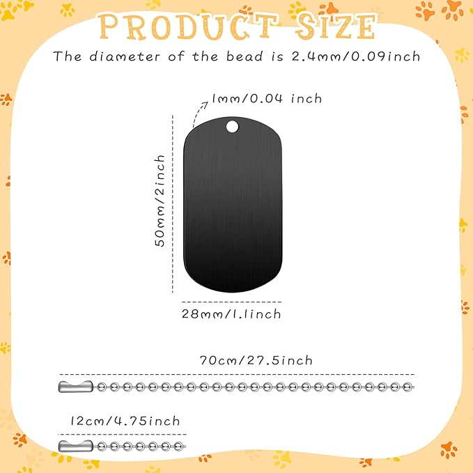 Yinkin 200 Pcs Personalized Military Dog Tags Set Including 100 Pcs Aluminum Blank Dog Tags for Engraving 100 Ball Steel Chain Rectangle Metal Blank Stamping Label for DIY Craft(Black)