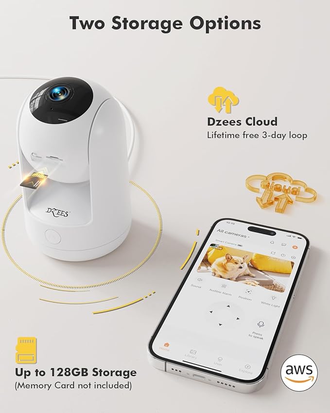 Dzees Indoor Security Camera Pet Camera No Subscription, 2K 360° WiFi Cameras, Wired Dog Pet Camera with Phone App, MagicPix Night Vision, Calls, 2-Way Audio, 24/7, Motion Tracking, Privacy, 2.4Ghz