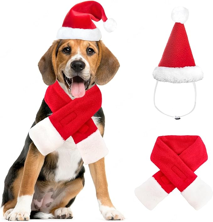 2 Pcs Pet Christmas Hat and Scarf Set, Santa Costume Accessories for Small Dogs and Cats, Adjustable Holiday Outfit for Puppy Kitten Xmas Party and Winter Dress Up