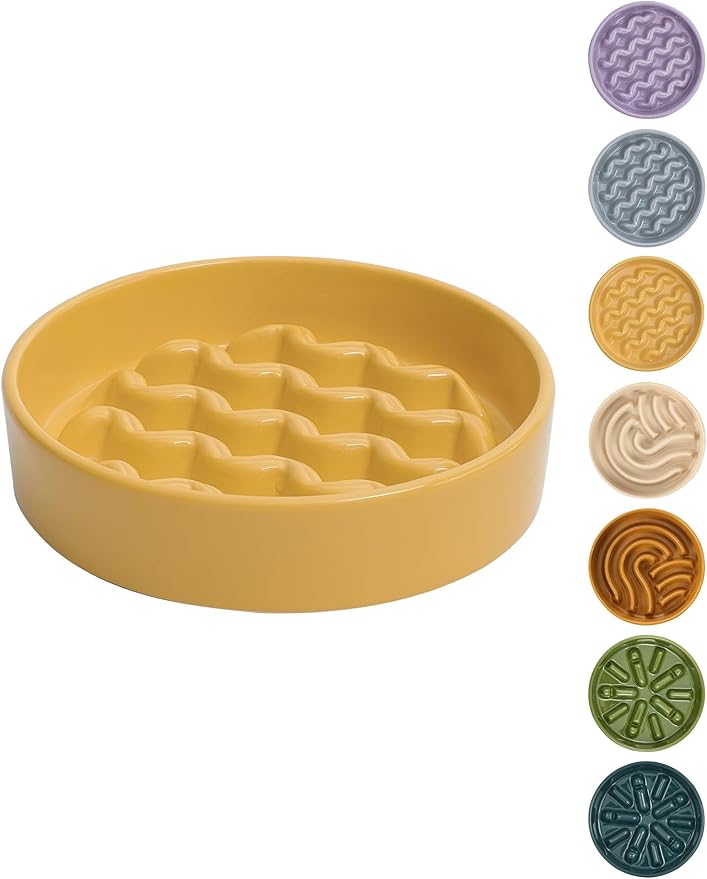 Ceramic Maze Dog Slow Feeder with Non-Slip Silicone Rim – Heavy-Duty Stoneware Bowl with Puzzle Pattern for Bloating & Obesity Prevention (Yellow-M)