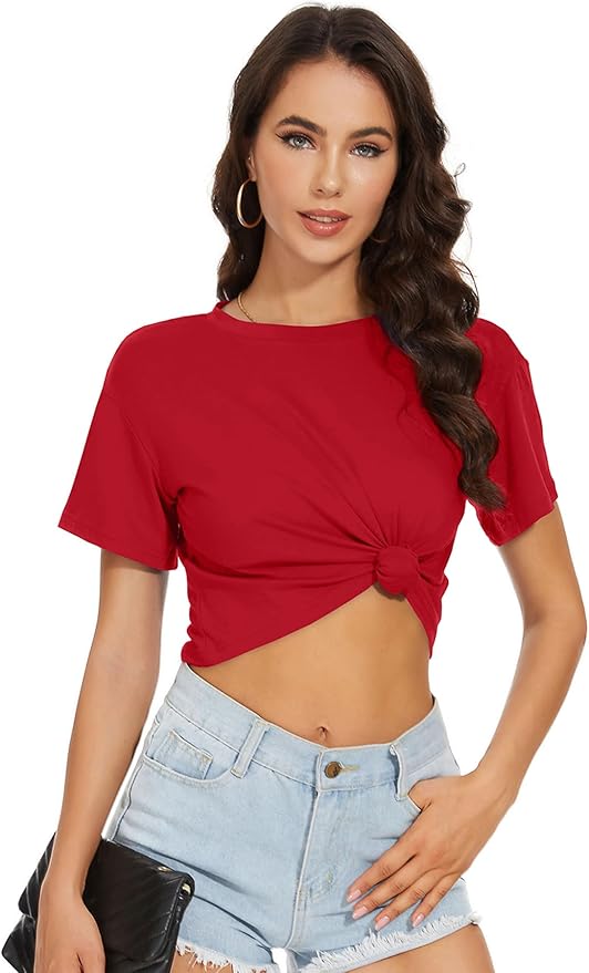 Womens Summer Crop Tops Short Sleeve Round Neck T-Shirts Loose Fit Casual Blouse