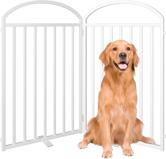 2 Panels Full Matel Freestanding Dog Gates with Door, 48"Extra Wide 32"Tall Free Standing Dog Pet Gate for Indoor & Outdoor. Foldable Pet Fences for Doorways, House, Stairs, Porch, Deck, Yard