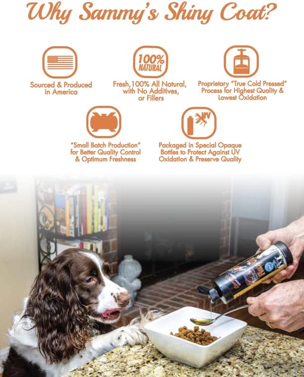 Sammy’s™ Shiny Coat Flaxseed Oil - 100% Pure, Natural Flax Oil, Cold-Pressed, Excellent Source of Omega-3 for Your Furry Friend, for Healthier Skin and Coat of Your Dogs, Cats, Other Pets - 32 Oz