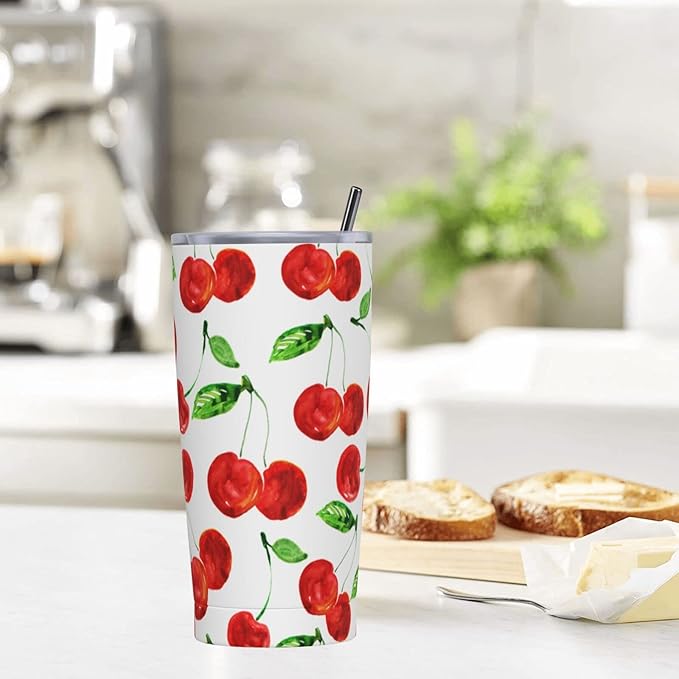 Dujiea 20oz Tumbler With Lid And Straw, Sweet Red Cherry Vacuum Insulated Iced Coffee Mug Reusable Travel Cup Stainless Steel Water Bottle