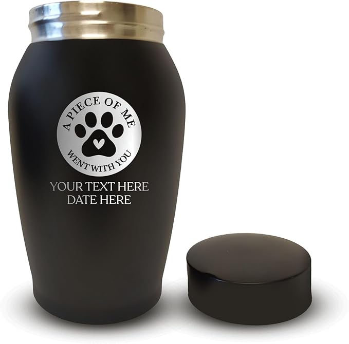 Personalized Custom Small Keepsake Urn Engraved with Pet Name, Date and Cat Design - 5.2" Black Powder Coated Steel Cremation Urn for Cat Ashes | 12-16 lb Capacity, Typography + Cat Paw