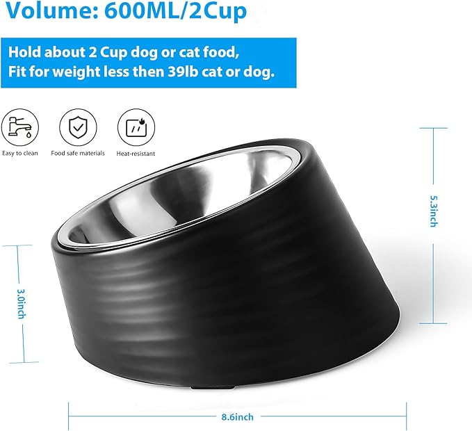 Tilted Angle Dog Bowl, 15° Slanted Stainless Steel Dog Cat Food Bowl, Non-Slip & Non-Spill Pet Feeder with Elevated Detachable Melamine Stand, Easy to Get Food Dish, Large 2 Cup Black