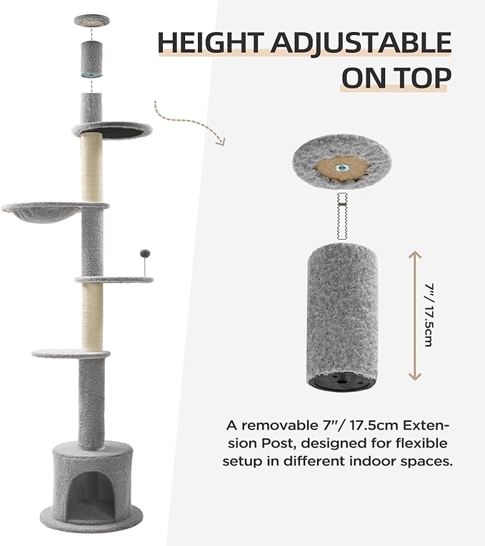 Made4Pets Floor to Ceiling Cat Tree 93-106'',Tall Cat Tower 5 Tiers,Adjustable Height, Stable Cat Tree Tower with Scratching Posts, Fluffy Condo, Hammock and Ball Toy for Indoor Cats/Kitten, Gray