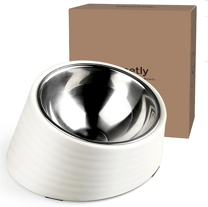 Tilted Slanted Dog Bowl 1 Cup, 15° Tilted Stainless Steel Dog Cat Food Bowl, Non-Slip & Non-Spill Pet Feeder with Elevated Detachable Melamine Stand, Easy to Get Food Dish, Medium White