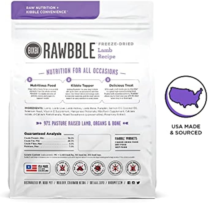 BIXBI Rawbble Freeze Dried Dog Food, Lamb Recipe, 26 oz - 97% Meat and Organs, No Fillers - Pantry-Friendly Raw Dog Food for Meal, Treat or Food Topper - USA Made in Small Batches