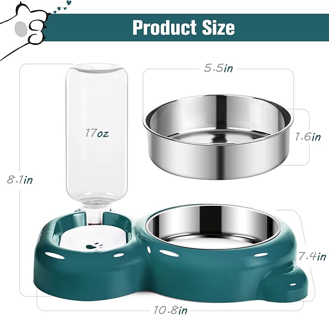Dog Bowls, Cat Food and Water Bowl Set with Water Dispenser and Stainless Steel Bowl for Cats and Small Dogs - Dark Green