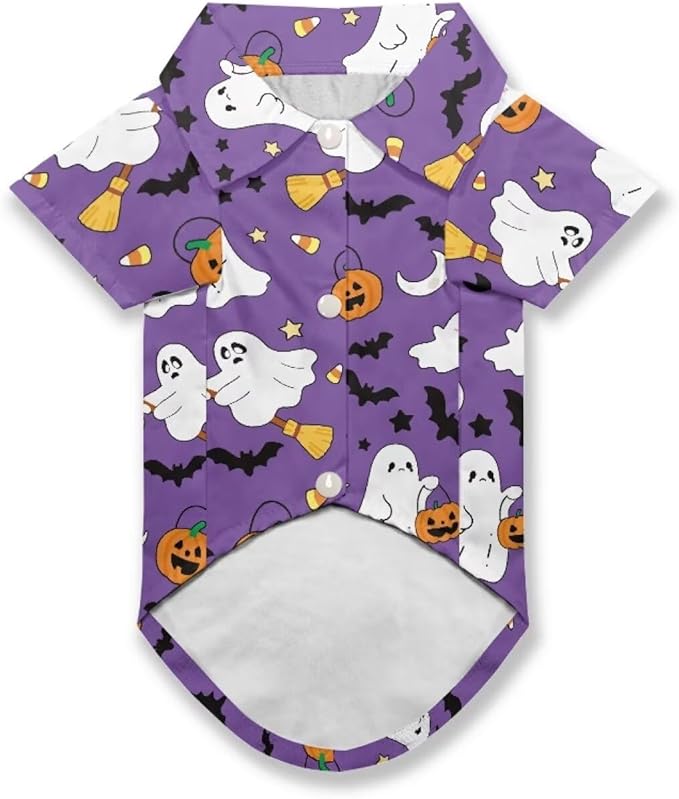 Halloween Ghost Dog Shirts for Large Dogs Girls Boys Cat Collared Polo T-Shirts Breathable Doggy Sweatshirt Summer Button Up Collar Puppy Clothes Casual Wear for Hot Weather