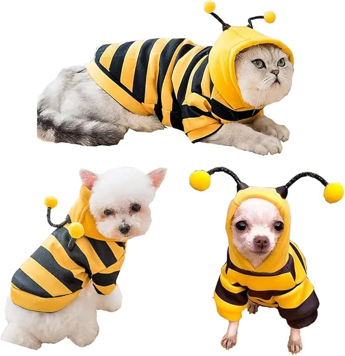 Funny Dog Hoodie Sweatshirt, Holiday Cat Sweater, Warm Clothes for Small Dogs, Yellow Cat Outfit, Puppy Hooded Coat, Pet Bee Costume for Halloween Christmas (Yellow, X-Large)