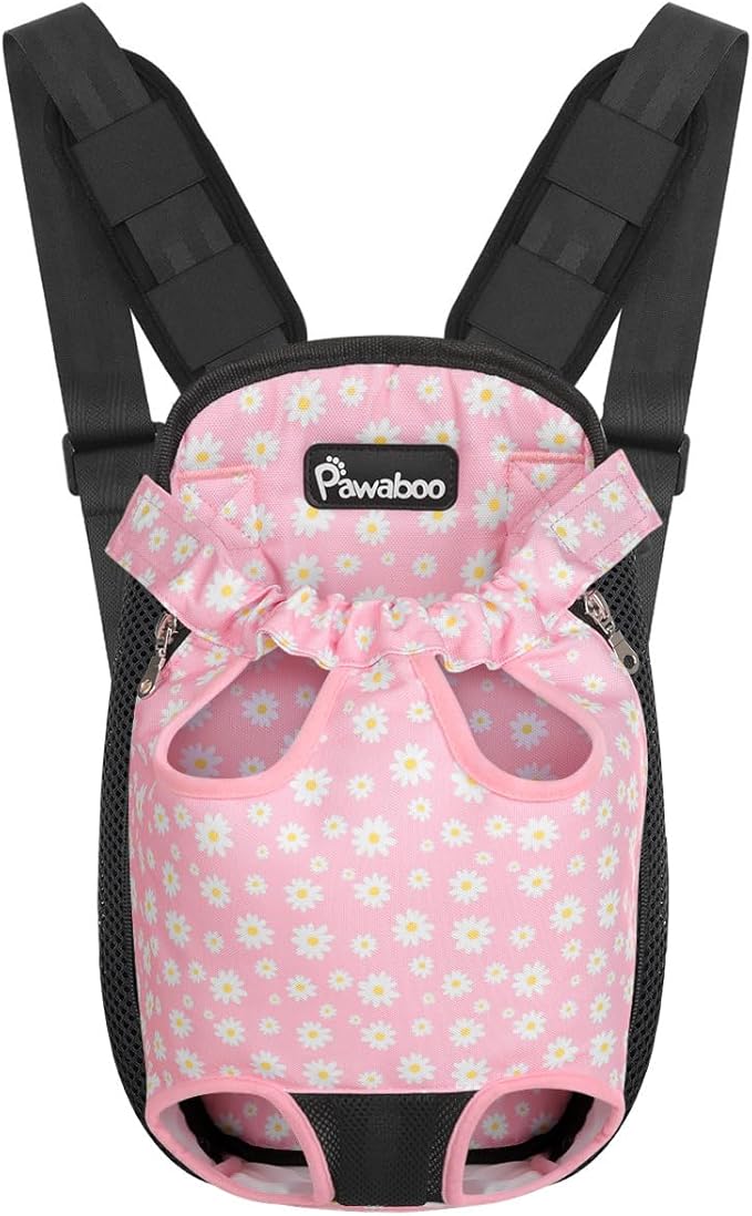 Pawaboo Pet Carrier Backpack, Adjustable Pet Front Cat Dog Carrier Backpack Travel Bag, Legs Out, Easy-Fit for Traveling Hiking Camping for Small Medium Dogs, Medium Size, Black + Pink Daisy