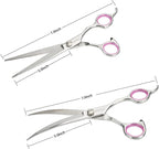 GEMEK Pet Cat Dog Grooming Scissors Set 4 Pieces Stainless Steel Professional Pet Trimmer Kit - 7.5 inch Straight Cutting, Thinning Shears, Curved, Grooming Combs