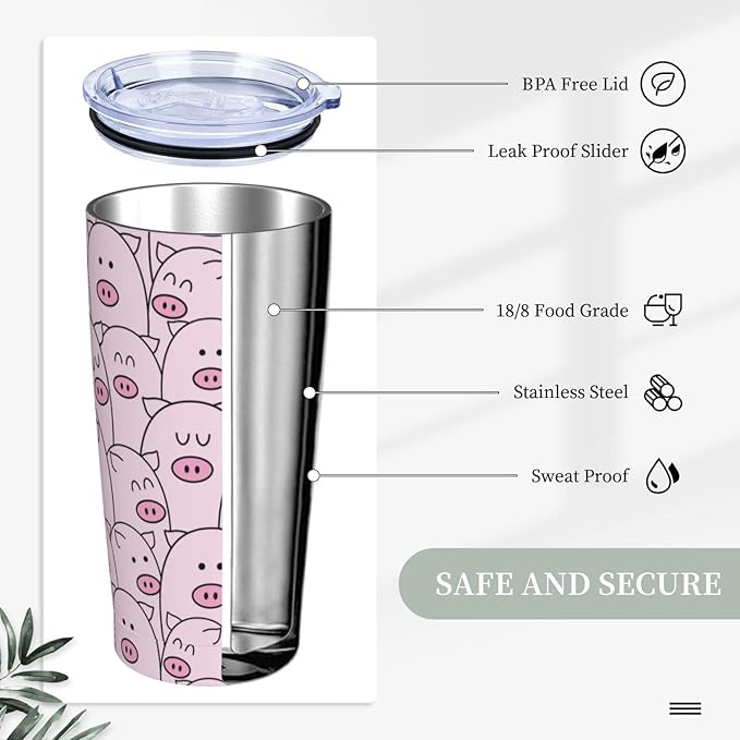 Pig Tumbler with Lid and Straw, 20 Oz Stainless Cup Steel Insulated Water Bottle Travel Coffee Mug