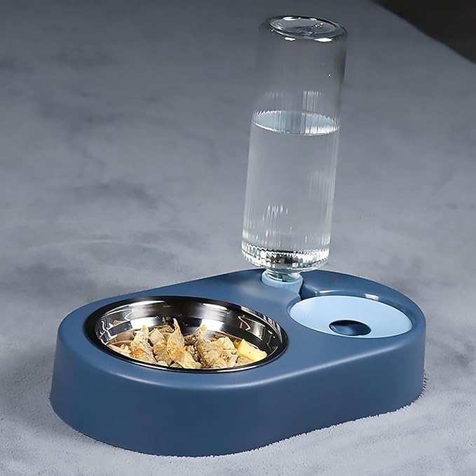 Automatic Dog Cat Food and Water Dispenser Set, Pet Food Bowl Set with Automatic Waterer Bottle for Small or Medium Size Dogs Cats Large Water Capacity(23oz) Blue