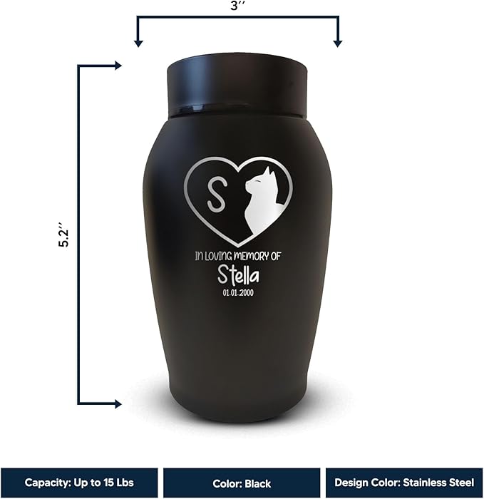 Personalized Custom Small Keepsake Urn Engraved with Pet Name, Date and Cat Design - 5.2" Black Powder Coated Steel Cremation Urn for Cat Ashes | 12-16 lb Capacity, Silhouette Inside Heart Shape