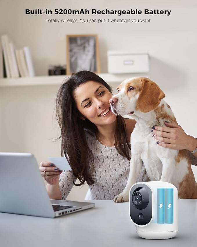 COCOCAM 2K Indoor Pan/Tilt Security Camera with 5200mAh Battery, WiFi Camera,Wireless for Baby Monitor/Pet/Home Security, AI Recognition, PIR Human Detection, 2.4G WiFi (White)