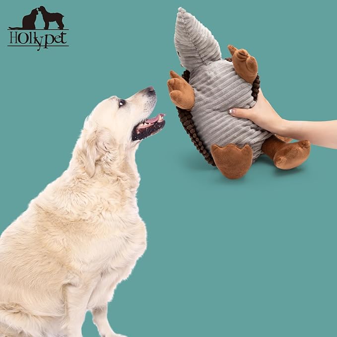 Hollypet Plush Dog Squeaky Toy Stuffed Armadillo Animal Pet Puppy Chew Toys with Clean Teeth for Small Medium Large All Breed Sizes Dogs, Brown, 14 in