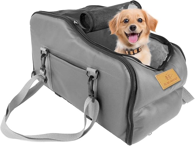 Multipurpose Console Dog Car Seat for Small Dogs & Cats， Portable Pet Carrier with Safety Tether & Storage Pockets (Black, Middle)