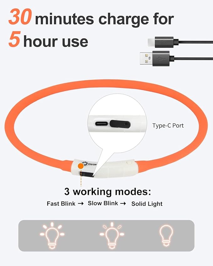 Joytale Light Up Dog Collar, Rechargeable Rainproof LED Collar for Night Walking Safety, Soft Silicone Glow in The Dark, Suitable for Small Medium Large Dogs, Orange