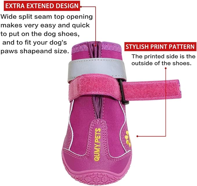 QUMY Dog Shoes for Large Dogs, Medium Dog Boots & Paw Protectors for Winter Snowy Day, Summer Hot Pavement, Waterproof in Rainy Weather, Outdoor Walking, Indoor Hardfloors Anti Slip Sole Purple Size 4