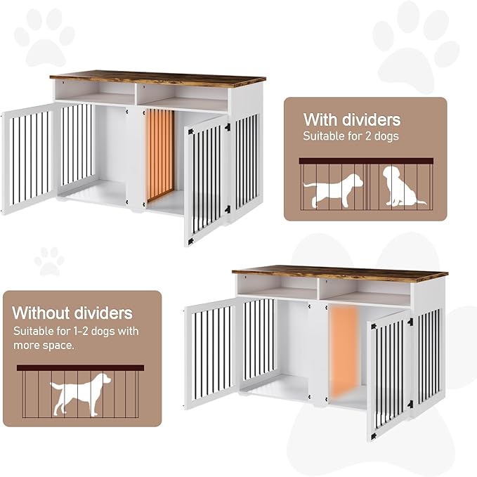 Dog Crate Furniture for 2 Dogs, 55 Inch Dog Crate Indoor with Removable Divider and Shelf Storage, Wooden Dog Crates for Medium Dogs, White