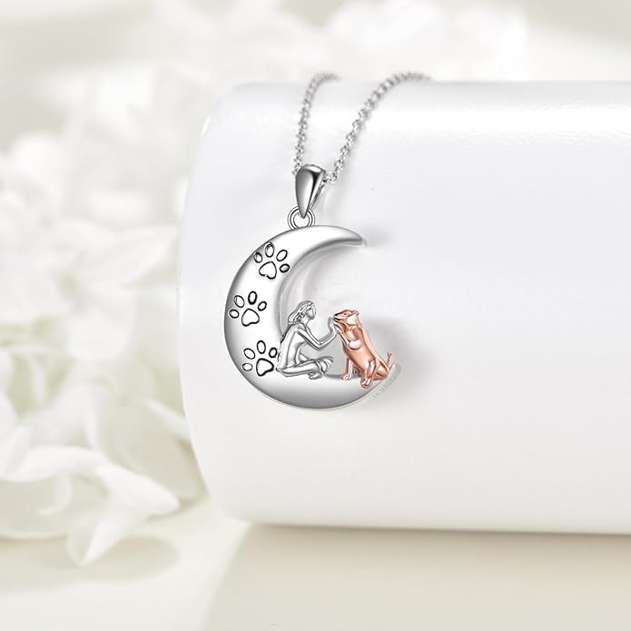 TIGER RIDER Memorial Urn Necklace for Dog Cat Pets Ashes 925 Sterling Silver Dog Paw Pendant Cremation Jewelry Memorial Ash Keepsake for Women (moon and dog)