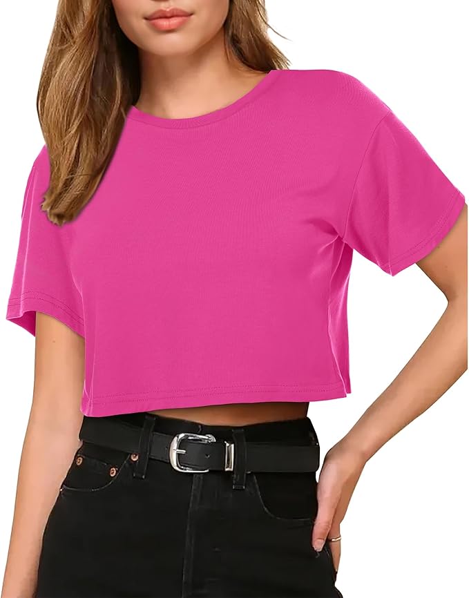 Womens Summer Crop Tops Short Sleeve Round Neck T-Shirts Loose Fit Casual Blouse