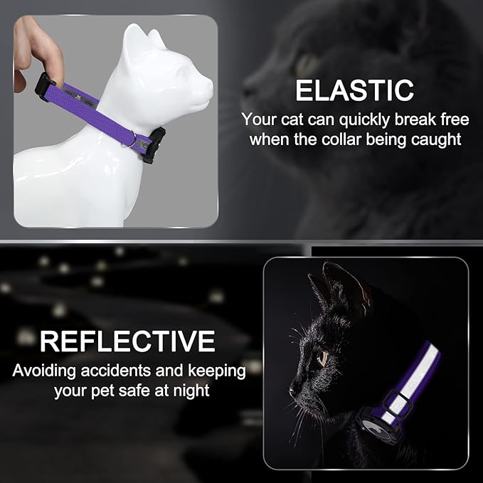 Reflective AirTag Cat Collar, Integrated Cat Tracker Collar with Air Tag Holder and Bell, Safety Elastic Band Cat GPS Collars for Girl Boy Cats, Kittens and Puppies (Purple, S)