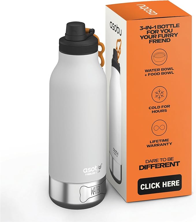 asobu Dog Barky Bottle – Insulated Stainless Steel Water Bottle with 2 Removable Dog Bowls for Food, Treats & Water – Pet-Friendly Travel Bottle for Hiking, Road Trips & Outdoor Adventures