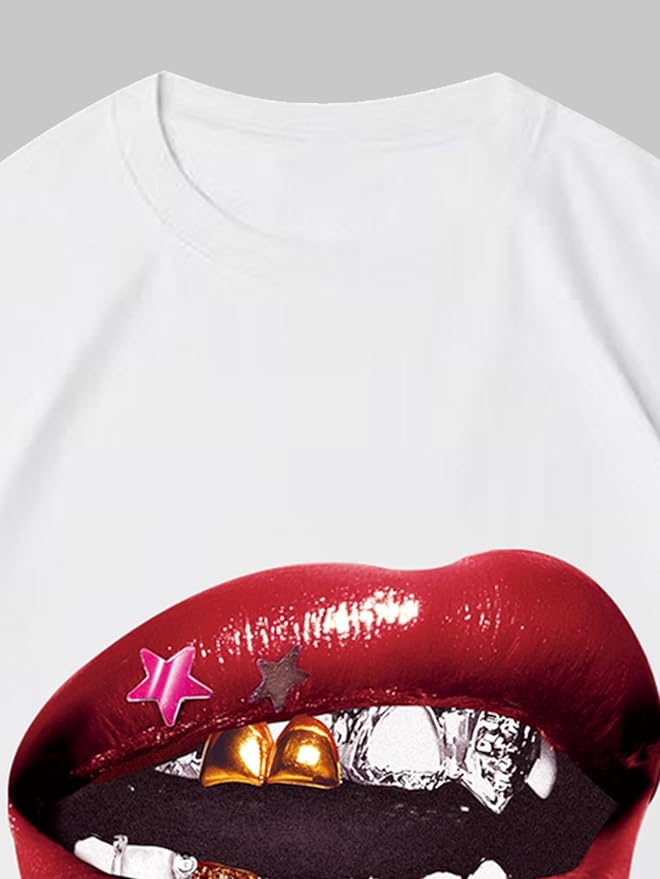 Verdusa Women's Lips Print Graphic Tees Y2k T Shirts Summer Crew Neck Vintage Going Out Tops