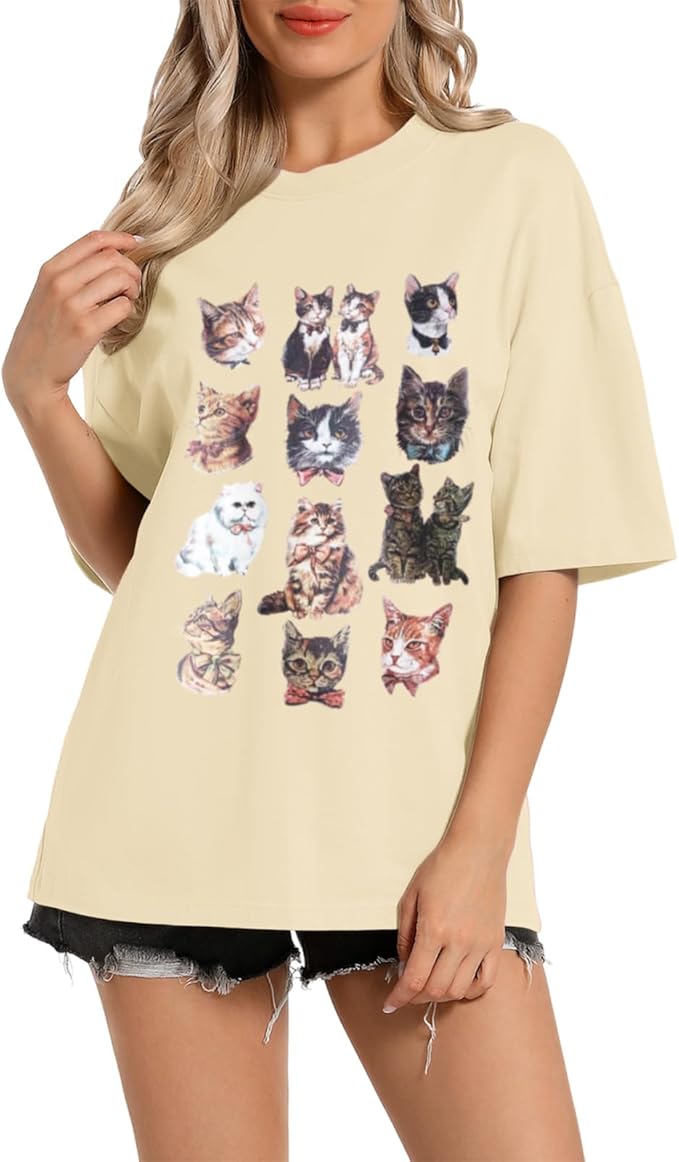 Oversized Cat Shirt Cute Graphic Tees for Women Y2k Funny Tshirts Baggy Aesthetic Shirts Cat Lover Gifts Kawaii Tops