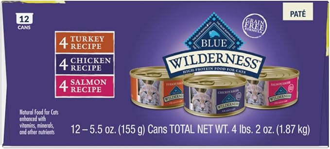 Blue Buffalo Wilderness High Protein, Natural Adult Pate Wet Cat Food Variety Pack, Chicken, Salmon, Turkey 5.5-oz can (12 count - 4 of Each Flavor)