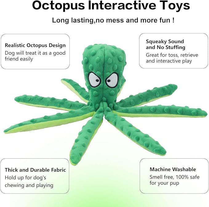 Dog Squeaky Toys Octopus - No Stuffing Crinkle Plush Dog Toys for Puppy Teething, Durable Interactive Dog Chew Toys for Small, Medium and Large Dogs Training and Reduce Boredom, 2 Pack
