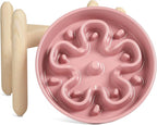LE TAUCI Ceramic Slow Feeder Dog Bowls Elevated, 3 Cup Raised Bowl with Wooden Stand for Medium Large Breed, Slow Down Eating, Puzzle Dog Food Bowl, Pink Bloom